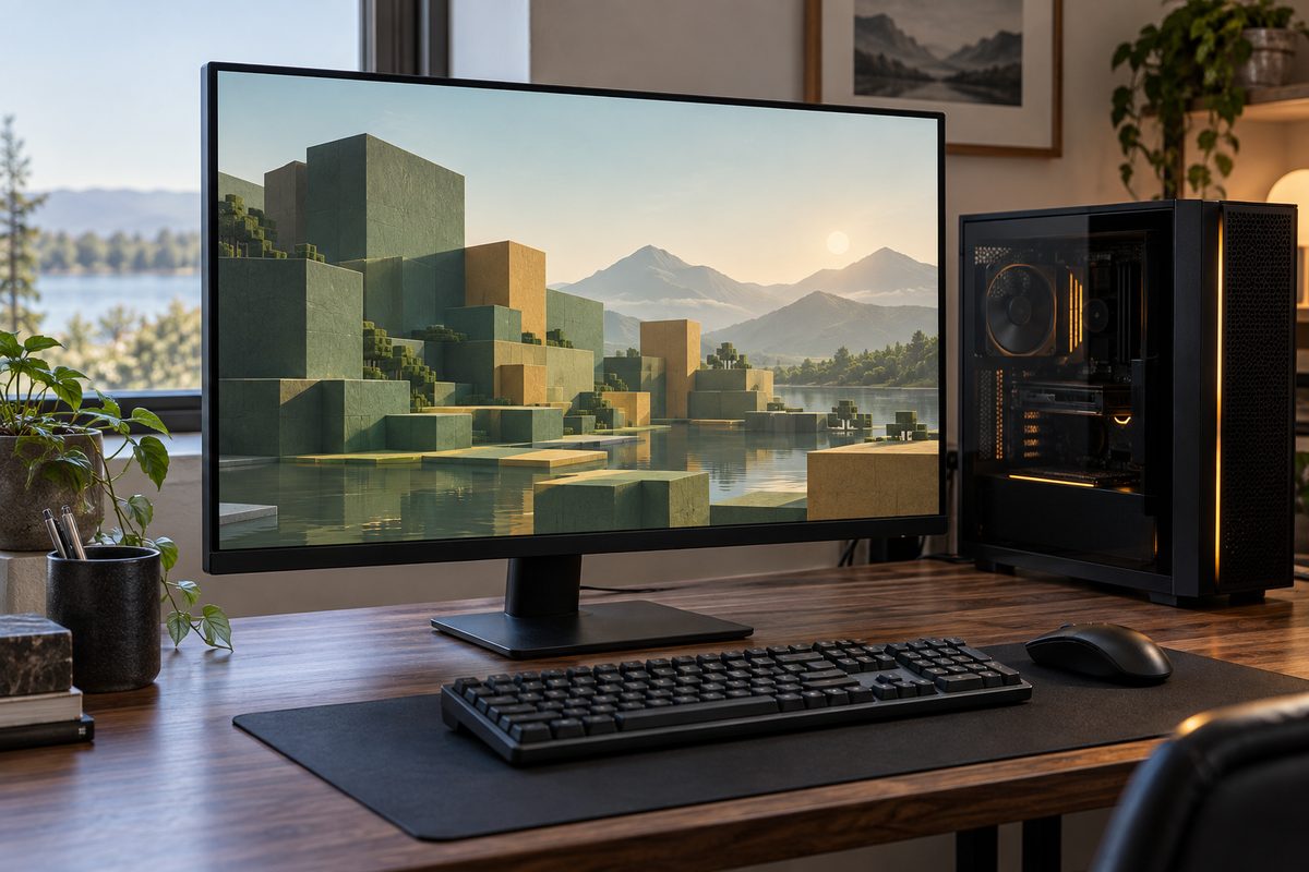 A generic desktop computer displaying an invented geometric landscape.