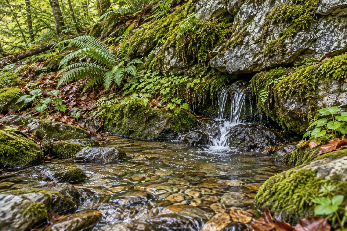 A small stream emerges from a mossy rock seam in a wooded hillside.